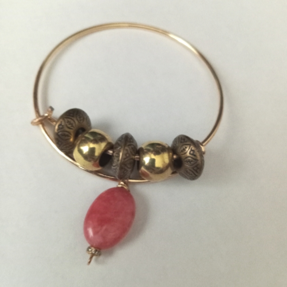Hand crafted Gold plated bangle Bracelet pink agate gemstone and gold accents